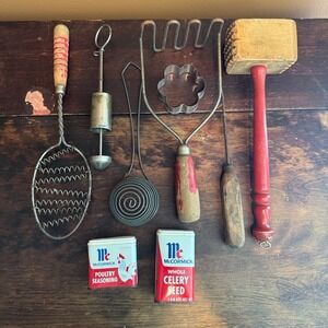 Vintage Kitchen Utensils Lot Red‎ Wood Metal McCormick Spice Tins Decor